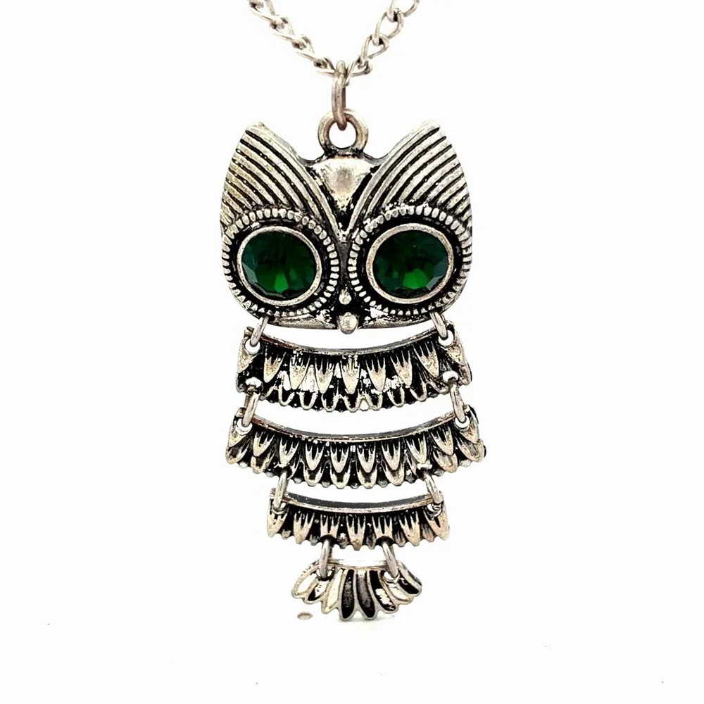 1970's Silver & Gold Tone Rhinestone Wisdom Intuition Luck Lot Two Owl Necklaces